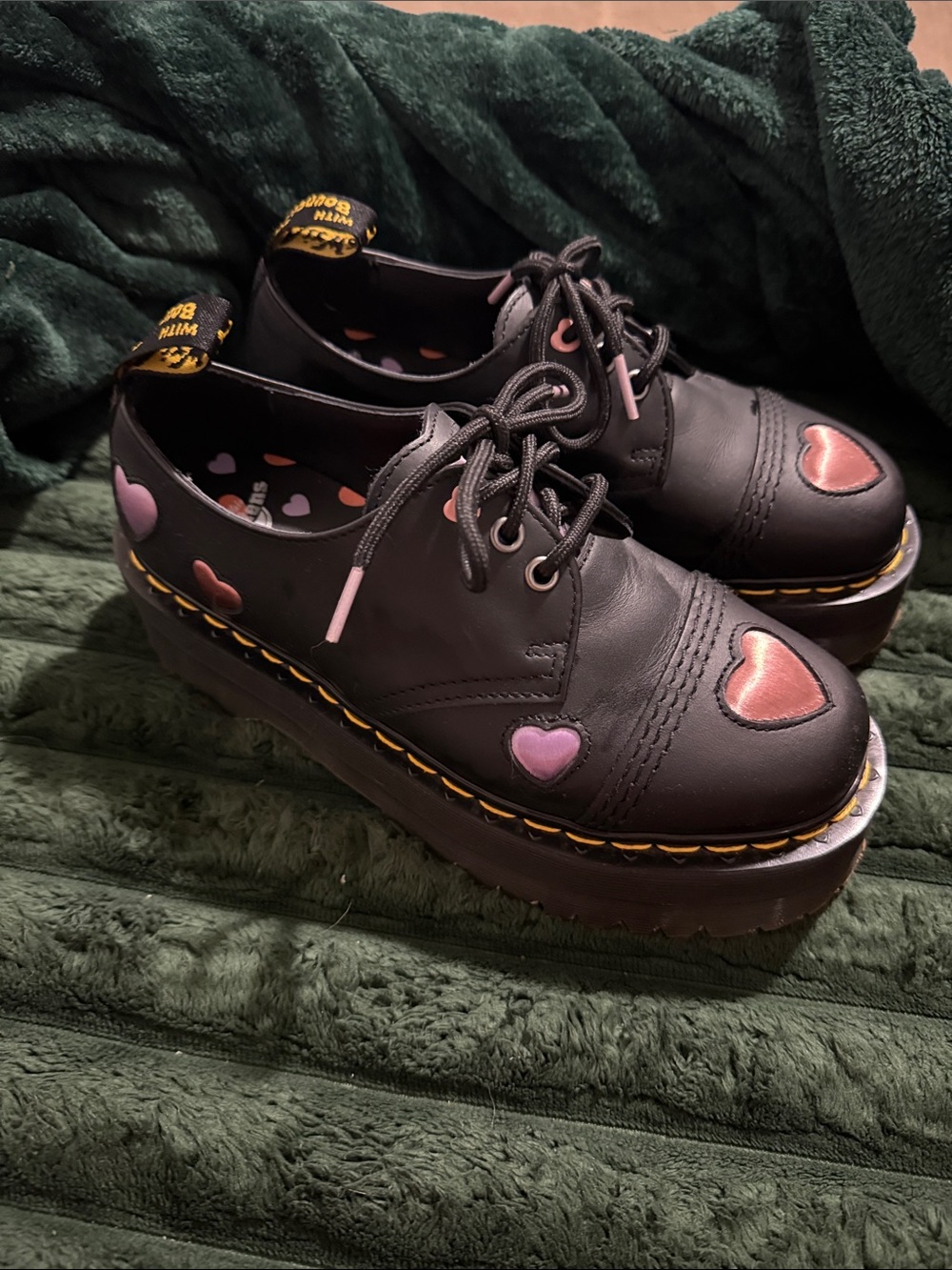 Dr. Martens Women’s Black Leather Heart Oxford Shoes - Pink Heart Detail - Picture 2 of 6
